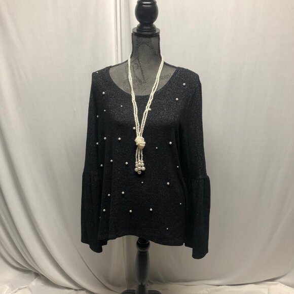 Simply Vera VERA WANG Sweater Womens Size Large Bell Sleeve Black Top Pearls - Picture 1 of 8